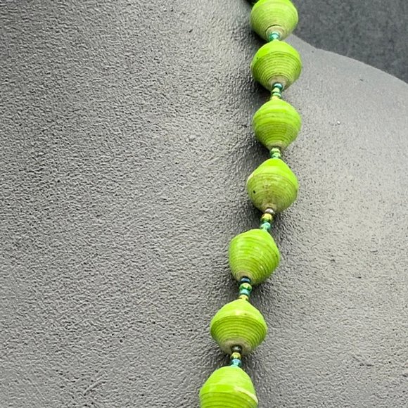 Green Rolled Paper Necklace Blue Iridescent Seed Bead - Picture 5 of 7